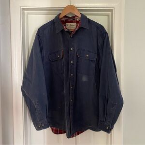 LL Bean Shirt Denim Shacket Flannel Jacket Lined Distressed Men’s Large Regular